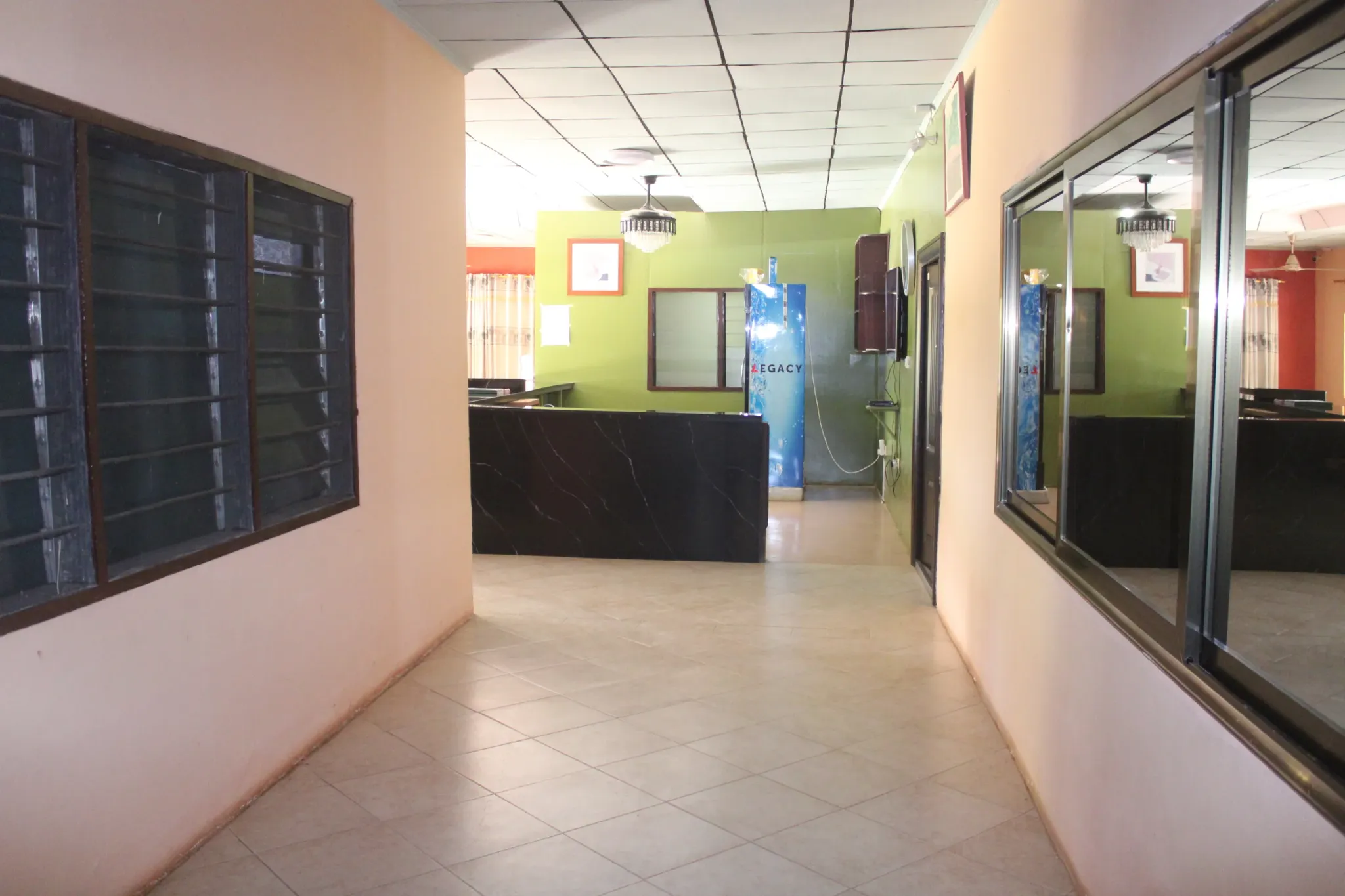 Interior walkway leading to reception